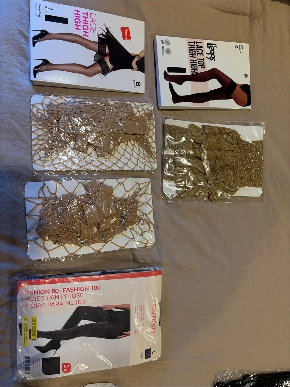 Sheer Nude Fishnet Thigh Highs and Lace Accents - Women Accessories